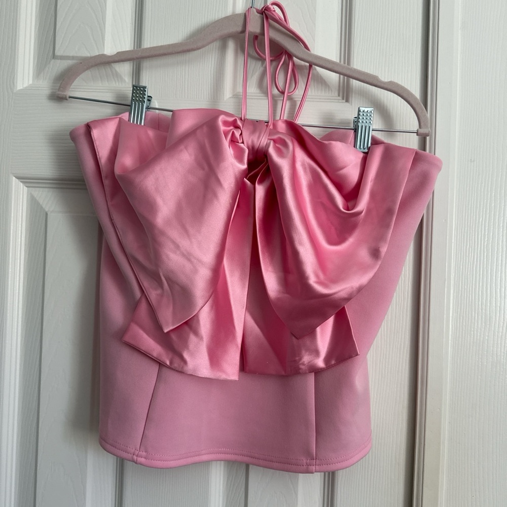 River Island Pink Satin Bow-Front Strapless Camisole